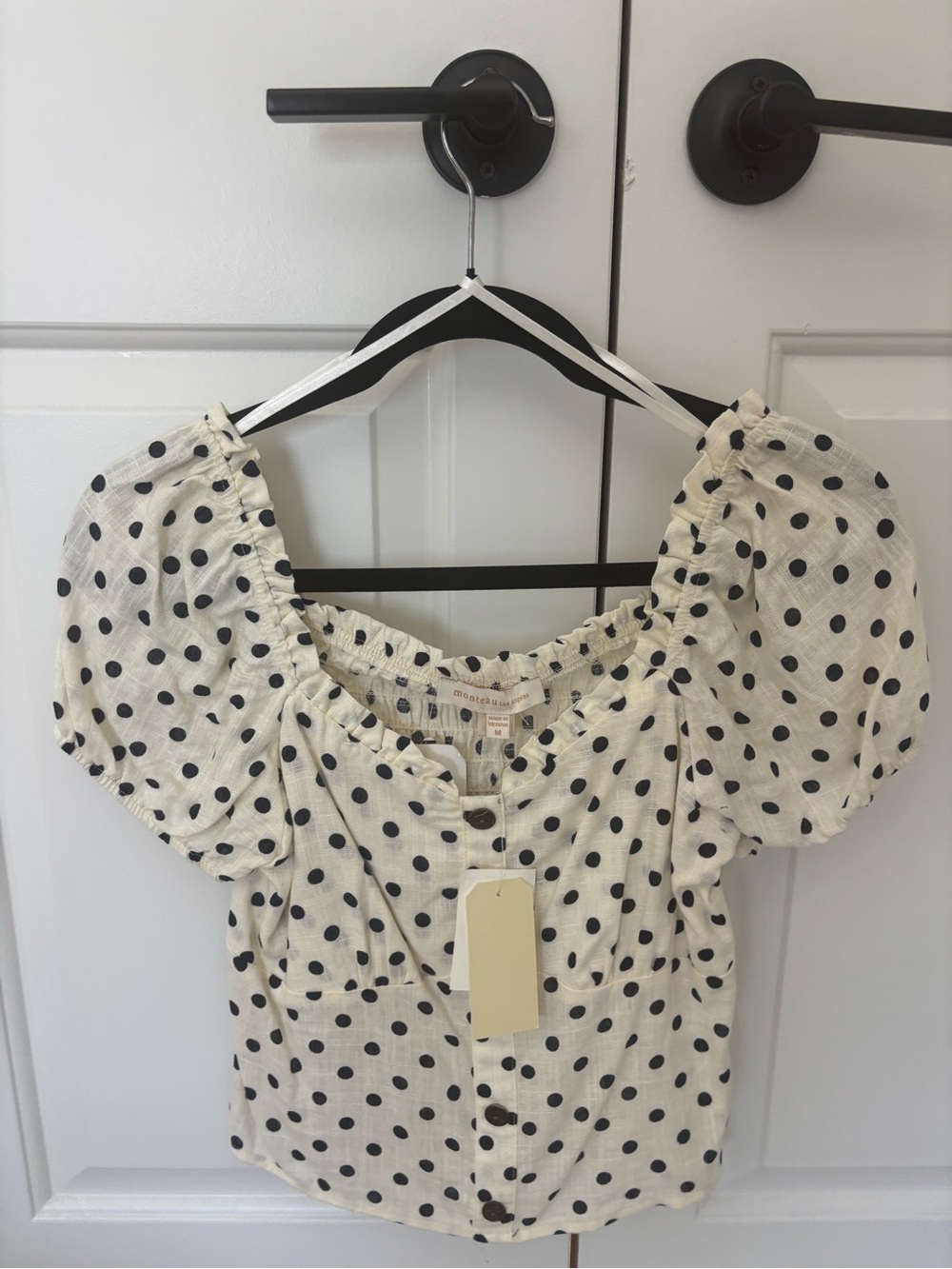 Cream Polka Dot Puff Sleeve Blouse with Button Front